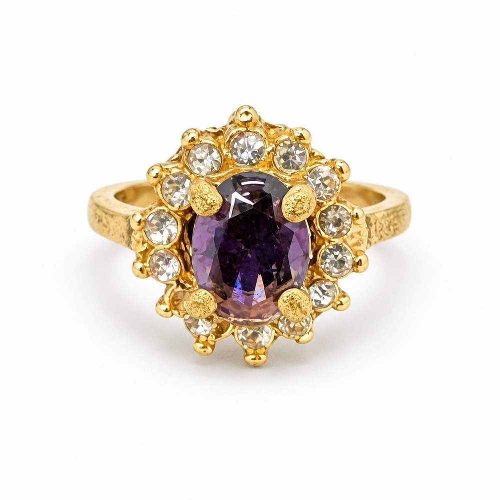 Gold Tone Metal Halo Cocktail Ring Oval Purple Stone Crystal Accents Size 7